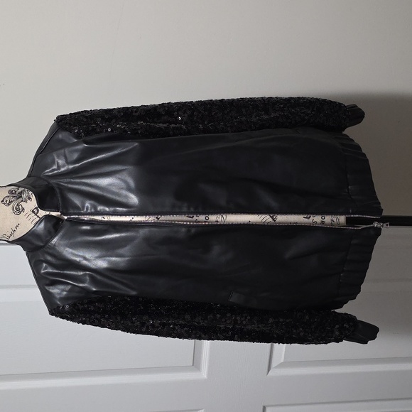 Colleen Lopez Sequin Sleeve Faux Leather Bomber Jacket Coat Small Black - Picture 2 of 9